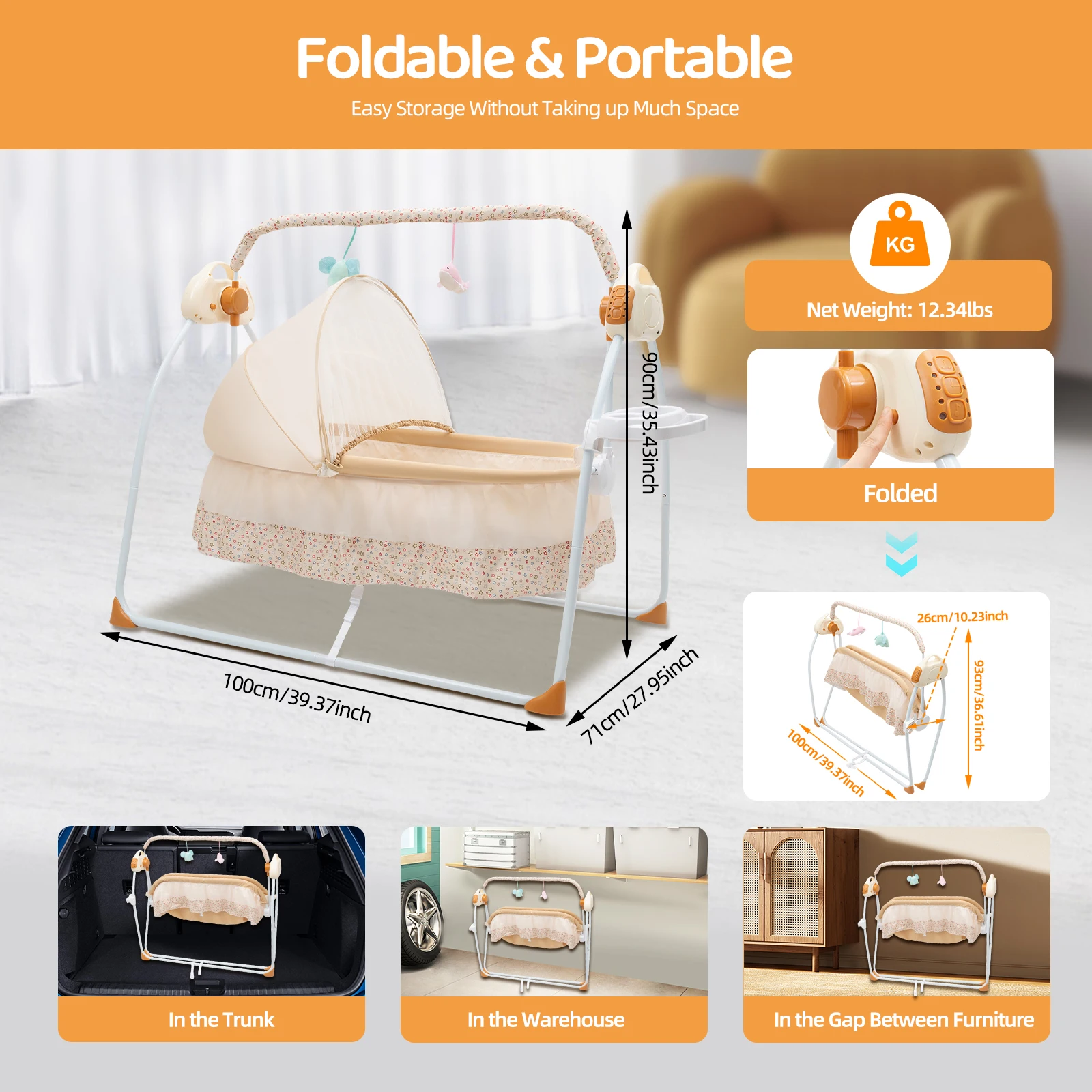 Portable Electric Bluetooth Baby Swing Cradle Bassinet Rocking Crib Infant Bed