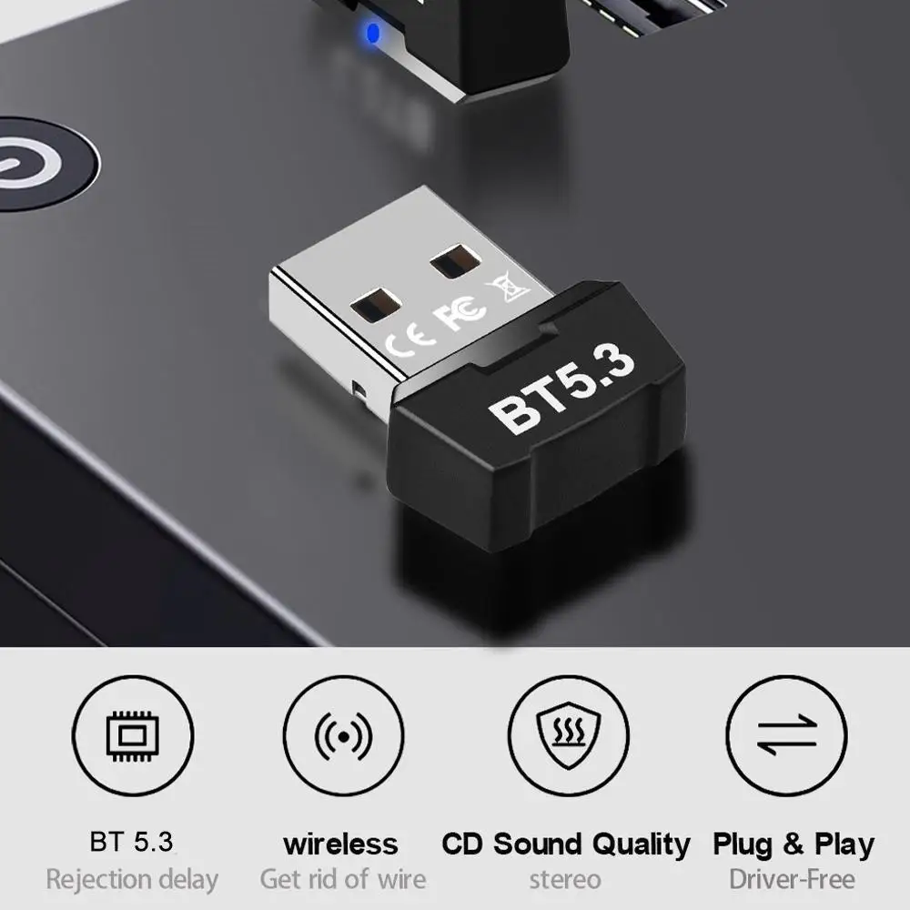 

USB Bluetooth 5.3 Adapter Wireless BT5.0 Receiver USB Adapter Bluetooth Dongle Transmitter for PC Speaker Wireless Mouse Keyboar