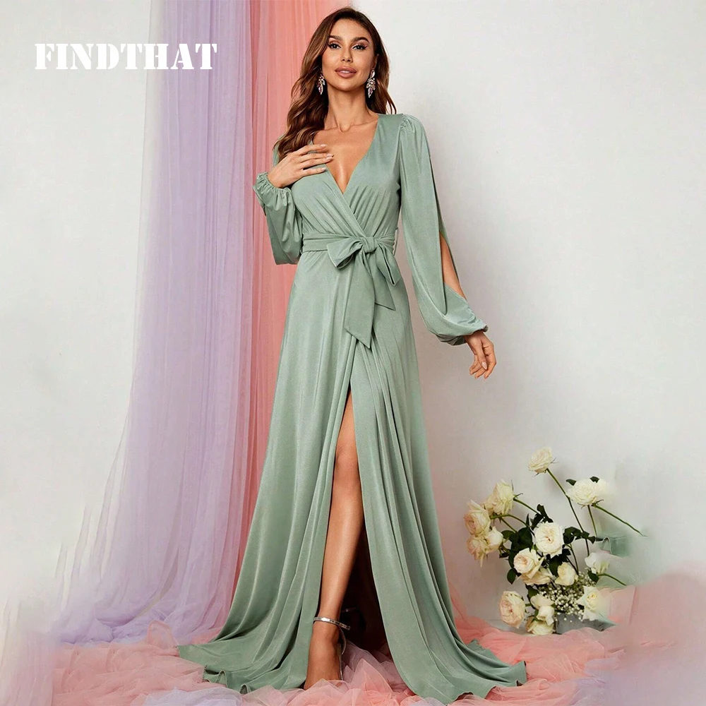 

Findthat Split Long Sleeve Belted Maxi Dress V-Neck Bridesmaid Dresses 2024 Elegant A-Line Satin Side Slit Evening Party Gowns