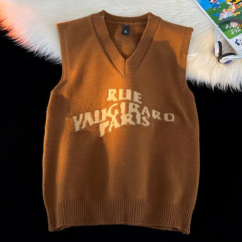 Men V-Neck Sleeveless Sweater Solid Pattern Knit Jacquard Design Vest