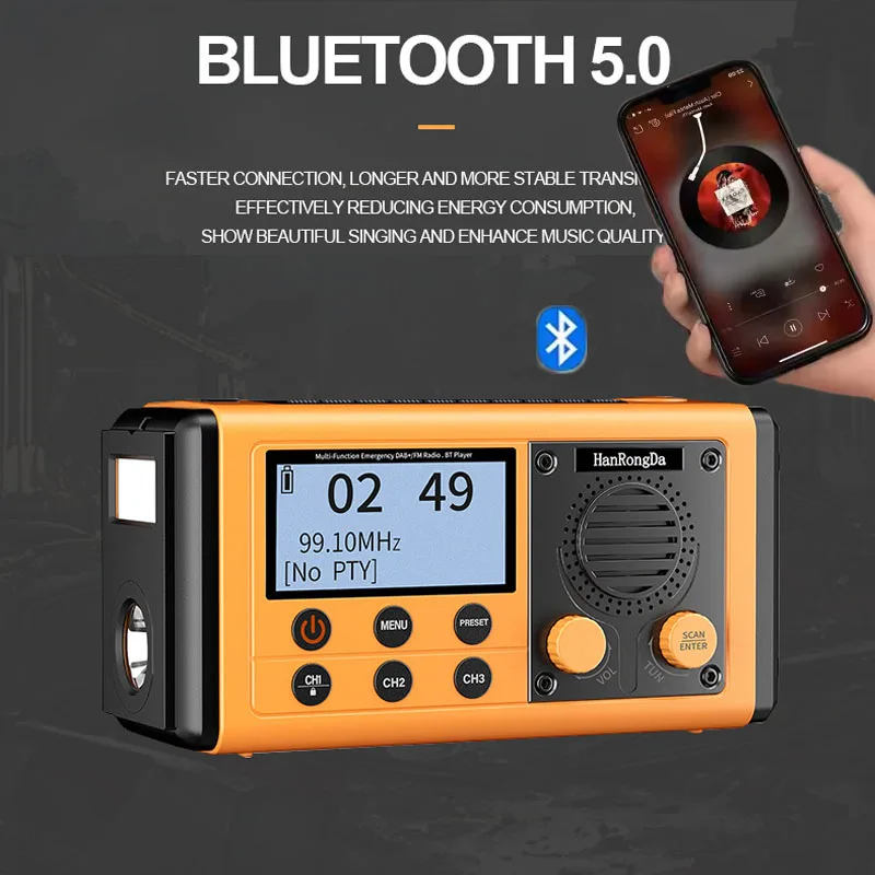 Portable Emergency Radio Solar Hand Crank DAB/FM Radios Wireless Bluetooth Speaker with Reading Lamp Flashlight Sleep Timer