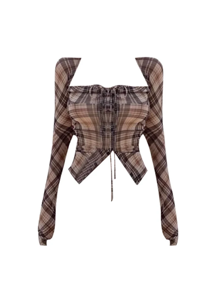 

Women's Plaid Shirts Blouses Korean Style Harajuku Fashion Punk Vintage Y2k Square Collar Long Sleeve Shirt Top Clothes Summer
