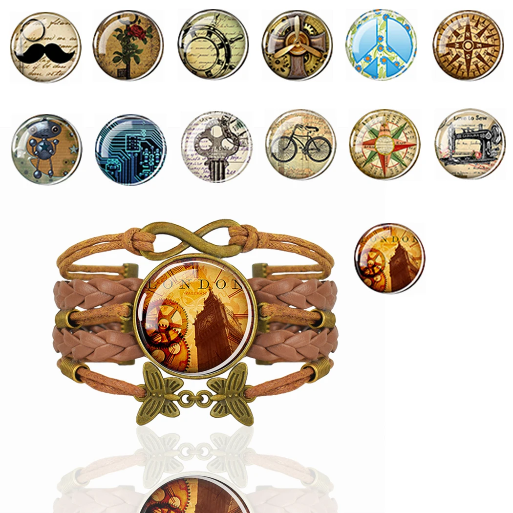 Age Of Steam Pattern Bracciale Gear Key Macchina Da Cucire Bracciale Intrecciato In Pelle Marrone Cabochon In Vetro Regalo Regolabile Retrò