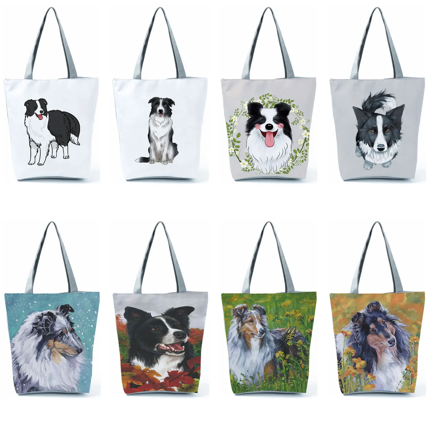 

Bolsa Feminina Fashion Tote Portable Shoulder Bags Foldable Collie Dog Print Women's Handbags Large Capacity Shopping Bags
