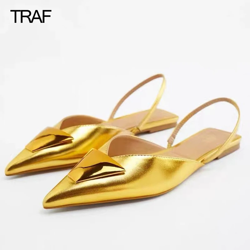 TRAF Flat Sandals Woman Gold Elegant Casual Mules Pointe Slingback Shoes Luxury Flat Shoes for Women Summer 2022 Party Sandals