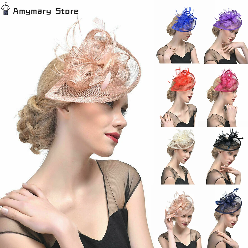 

Women Wedding Mesh Flower Fascinators Hat Elegant Cocktail Feathers Hair Clip Tea Party Headband Solid Fascinator Headwear New