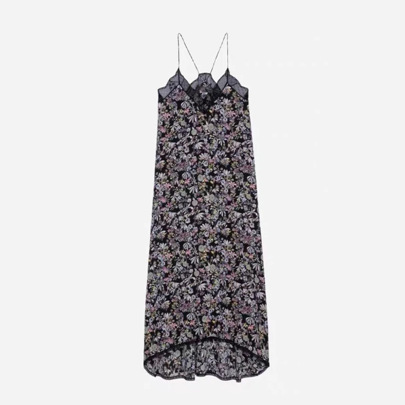 

Zadig Women Sexy Camisole Dresses Fashion Summer Backless Slip Long Robes Female Casual Chic V-Neck Print Silk Camisole Robe