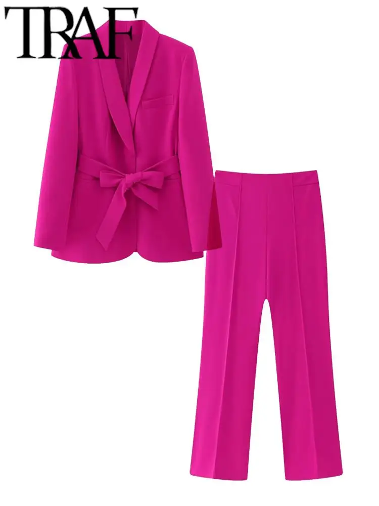 Traf Women Fashion Suit Pants 2 Piece Bowed Blazer Top Vintage High Waist Suit Trousers Female