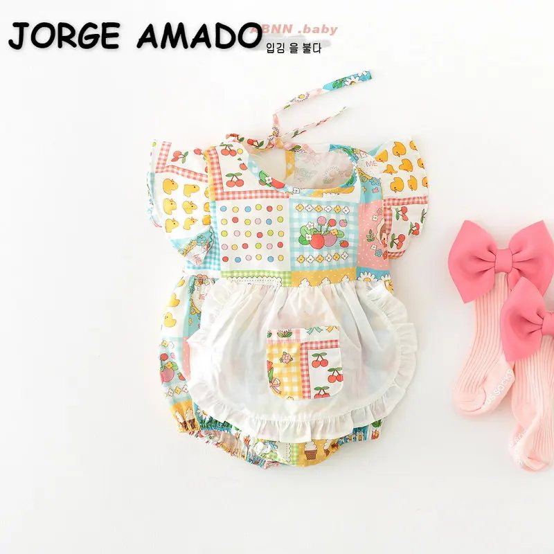 

Детское боди с круглым вырезом, расклешенными рукавами и принтом фруктов