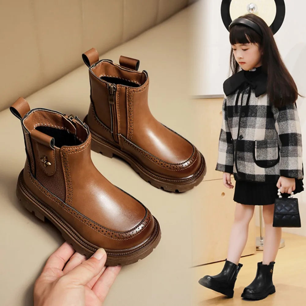 

Girls New Fashion Boots 2023 Winter British Kids Cool Short Boots Soft Soled Children PU Leather Ankle Boot XZ266