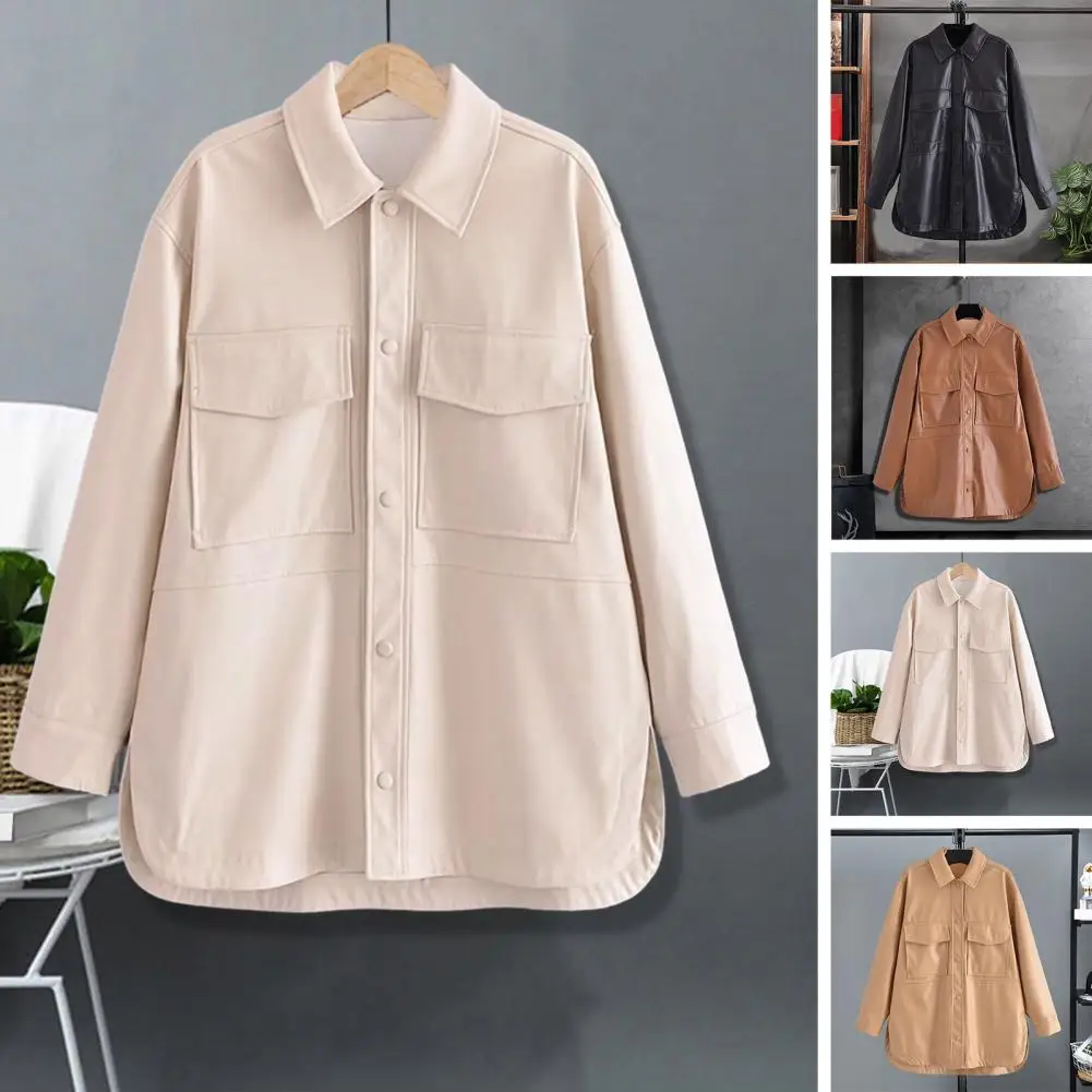 

Women Spring Jacket Smooth Faux Leather Lapel Windproof Long Sleeve Single-breasted Pockets Split Hem Mid Length Cardigan Coat