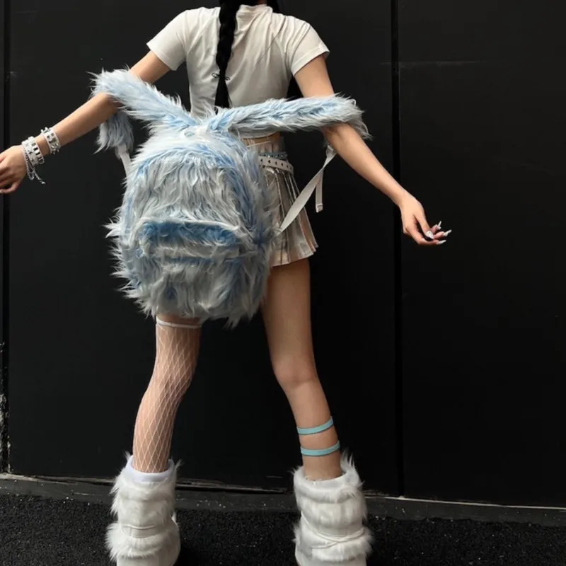 JIAERDI Ice Blue Long Plush Backpack Women Soft Large Capacity Mens Backpack Ladies Fashion Trendy Outdoor Travel School Bag New