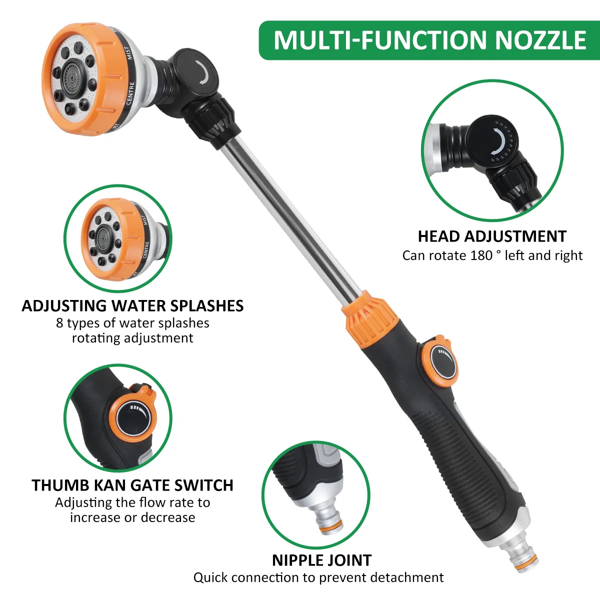 47cm Water Sprayer Nozzle Long Rod Garden Sprinkler with Adjustable Head 8 Spray Modes High Pressure Irrigation Hose Nozzle 4