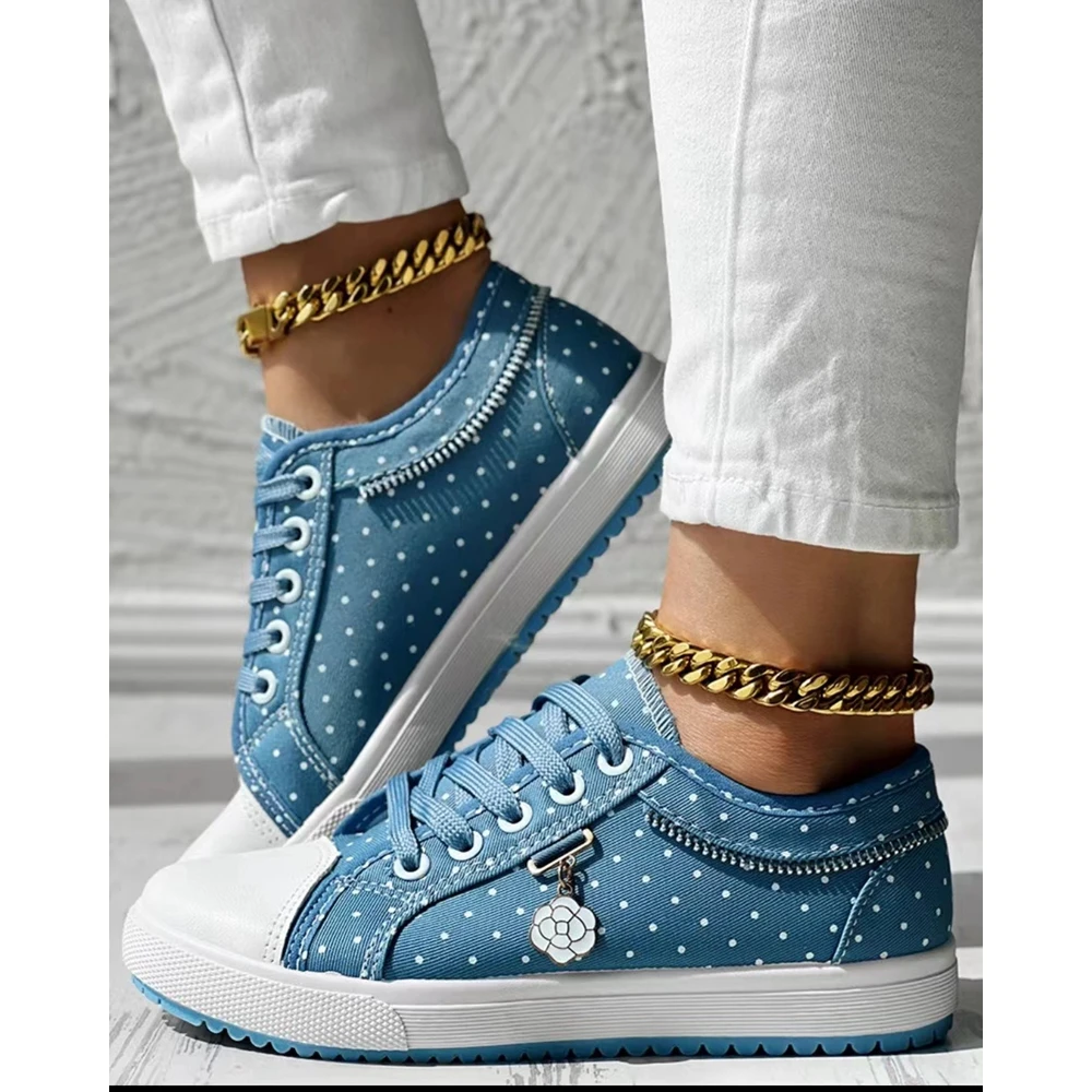 Women Polka Dot Print Round Toe Canvas Sneakers Autumn Women Casual Daily Lace-up Flats Shoes Korean Style Spring Autumn