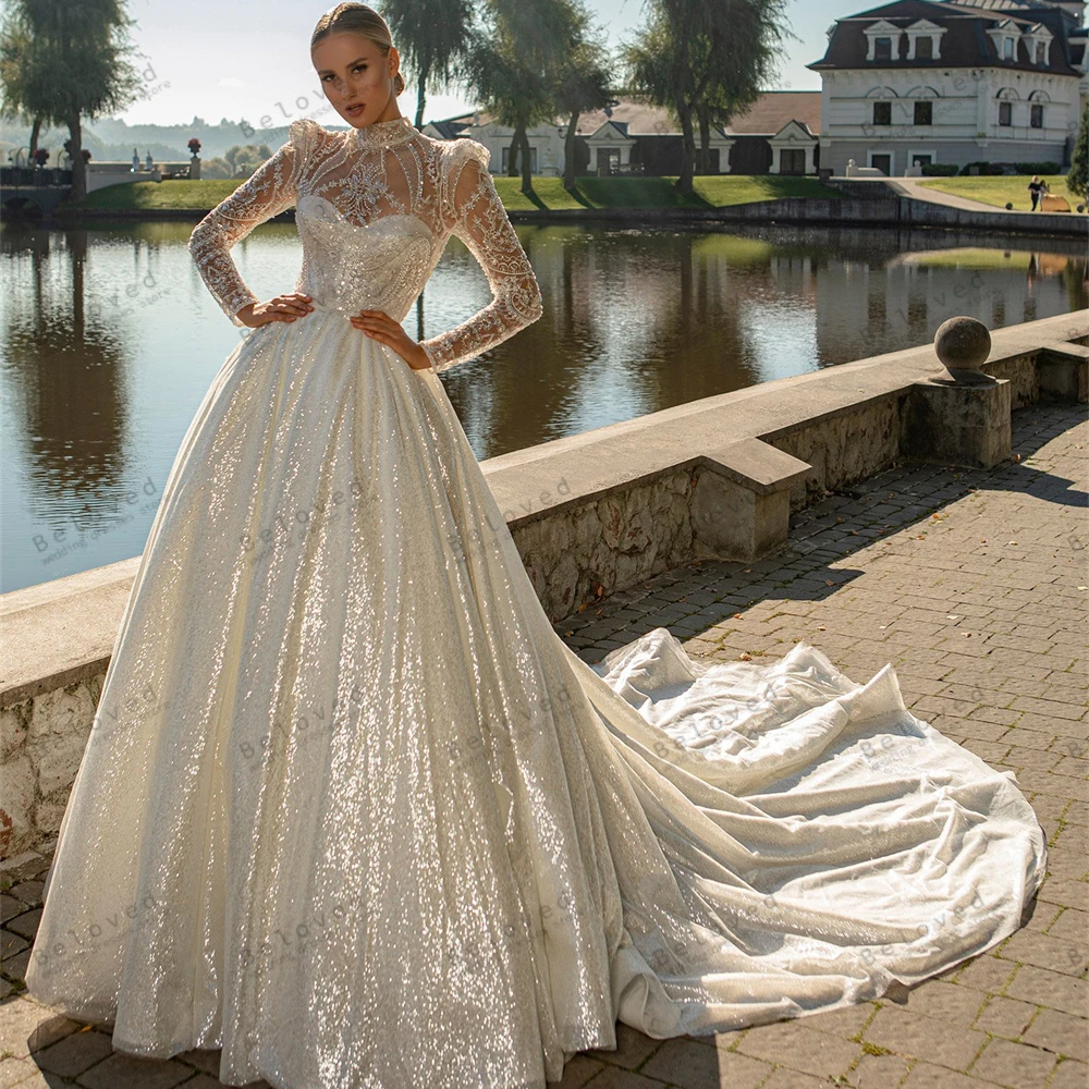 Exquisite Wedding Dresses A-Line Bridal Gowns Lace Appliques Full Sleeves High Neck Robe For Party Vestidos De Novia Customized 2