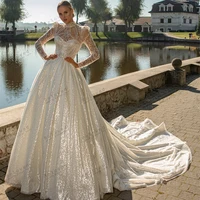Exquisite Wedding Dresses A-Line Bridal Gowns Lace Appliques Full Sleeves High Neck Robe For Party Vestidos De Novia Customized 2