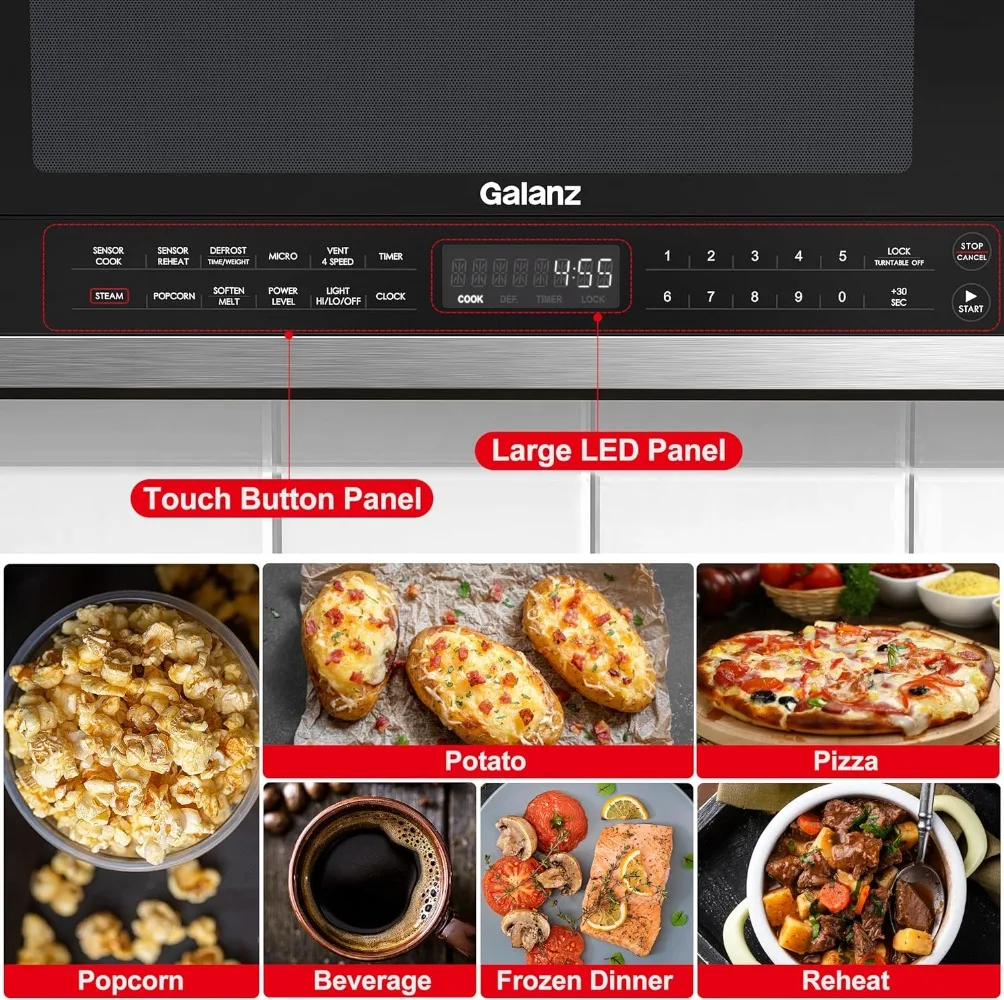 Galanz Low Profile Over The Range Microwave Hood Combination Steam & Sensor Cooking, 11 Power Levels, 1.2 Cu Ft, Stainless Steel 3