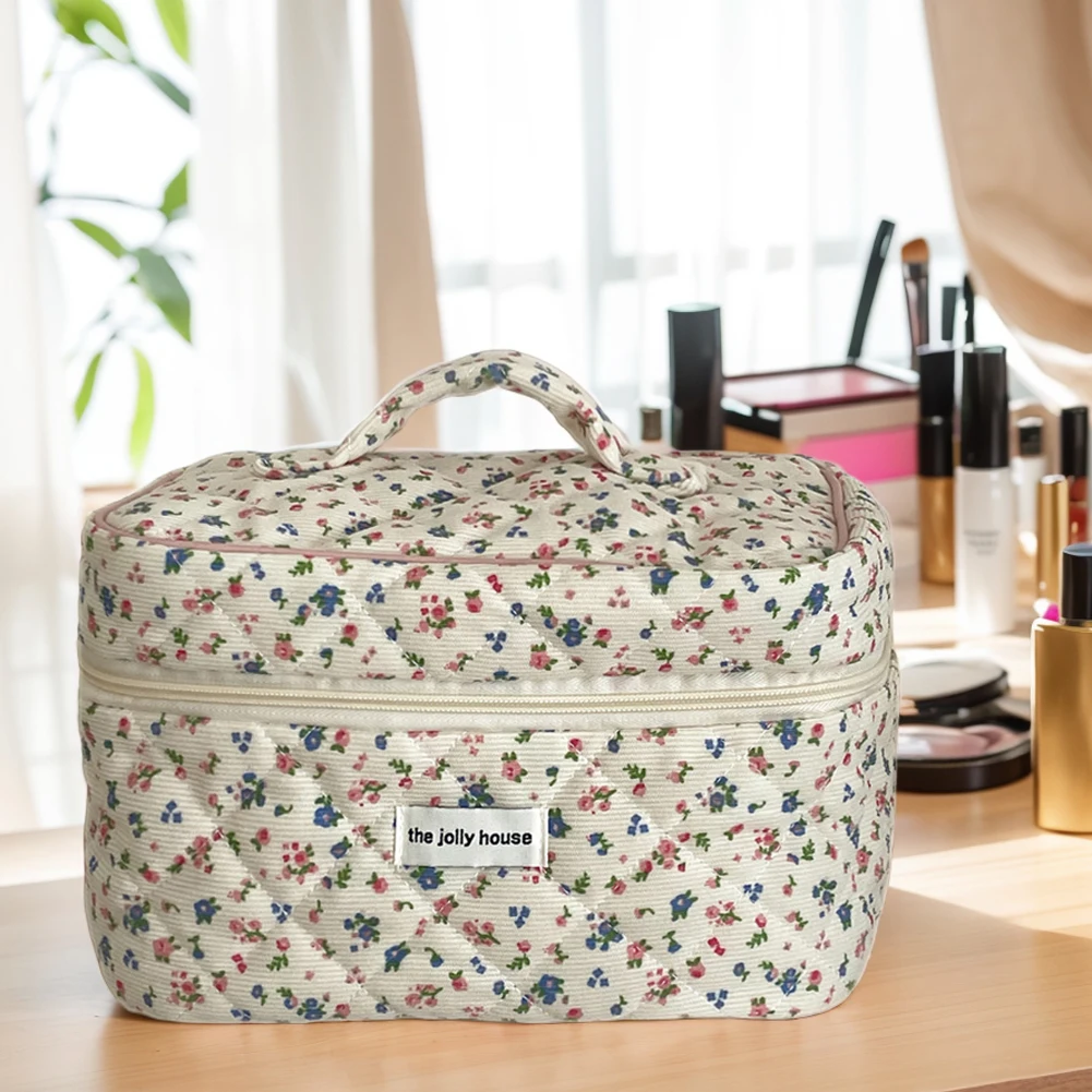 Floral Corduroy Travel Makeup Pouch with Zipper Makeup Organizer Storage Bag Cute Cosmetic Organizer Case for Women and Girls