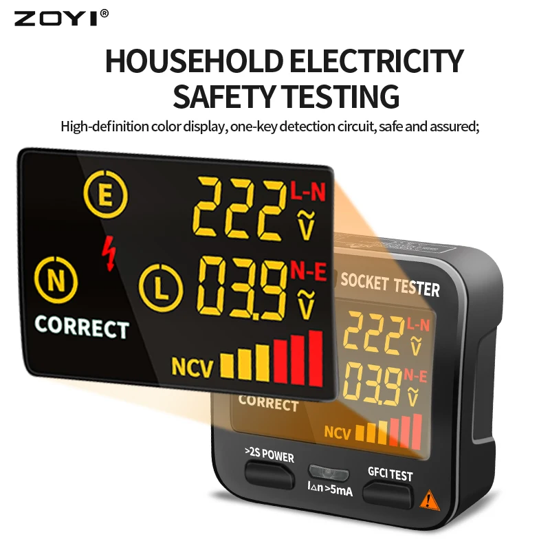 ZOYI Digital Socket Tester Smart Voltage Detector RCD GFCI NCV Test Large display Outlet checker EU US UK Plug Ground Zero Line 6