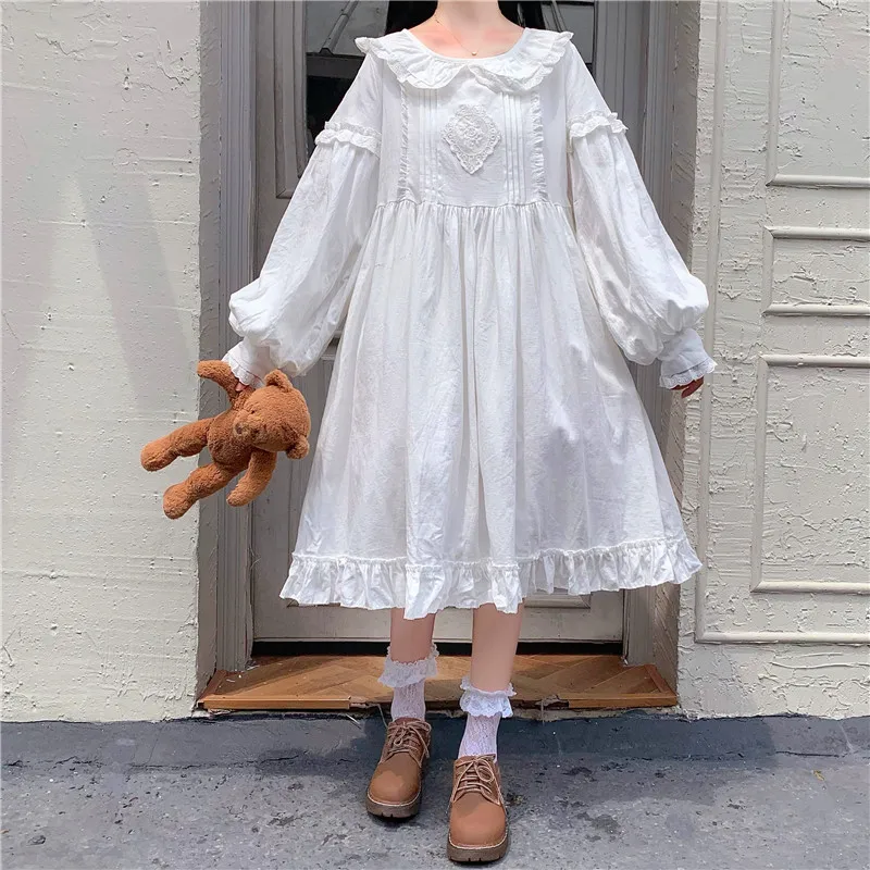 

Japanese Autumn Sweety Preppy Style Girly Dress Kawaii Peter Pan Collar Lace Cute Ruffles Full Sleeve Loose A-Line White Dresses