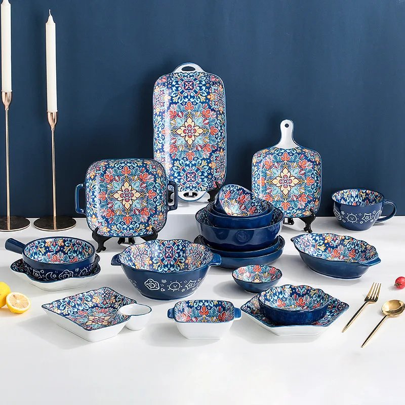 Baroque dish set Creative ceramic tableware Rice rice bowl soup noodles large bowl Household handle Fish plate dish