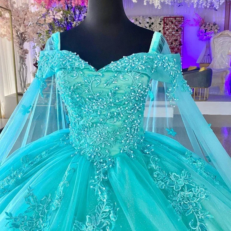 

ANGELSBRIDEP мятно-зеленые мексиканские платья Quinceanera для девушек с длинными накидками аппликация принцессы Pornos De 15 лет официальный женский шар