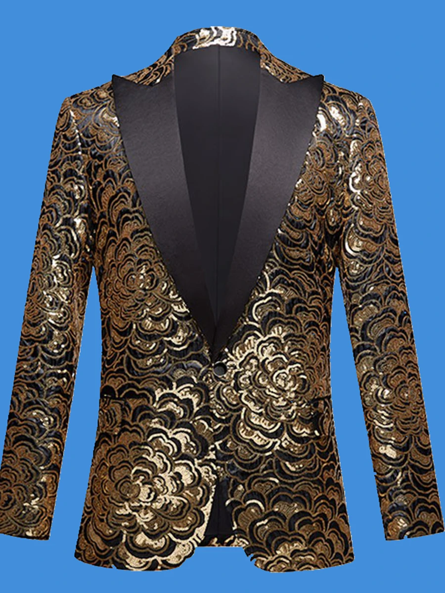 

Fashion Embroidery Three-dimensional Gold Sequins Suit Jacket Men's Casual Dress Bar Siger Stage Show Performance Coat Host