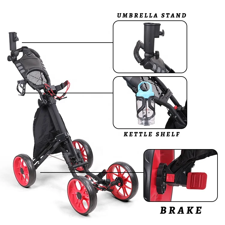 Nice Quality Manufacturer 4 Wheels Foldable Golf Trolley Aluminum Frame Golf Push Buggy