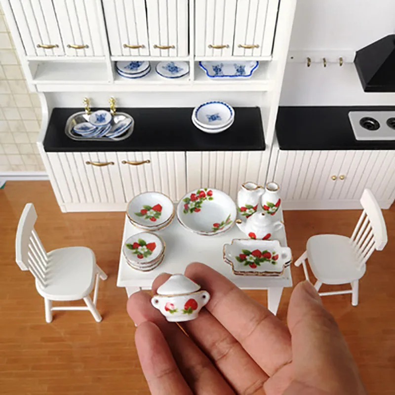 Miniature Doll House Porcelain Coffee and Tea Cups, Ceramic Tableware, Pink Flower Patten, Dollhouse Kitchen Accessories