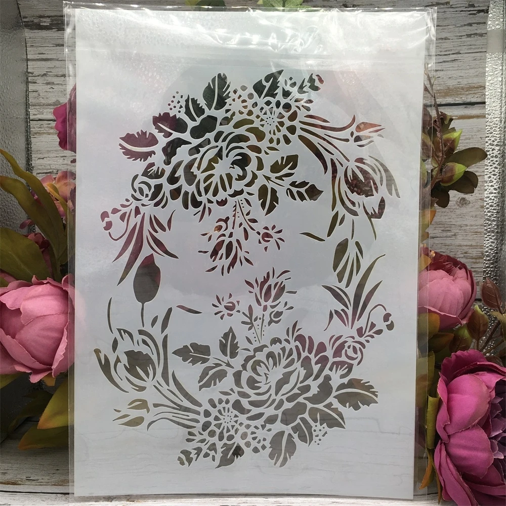 6Pcs A4 29cm Rose Flower Plum Garland DIY Layering Stencils Wall Painting Scrapbook Coloring Embossing Album Decorative Template