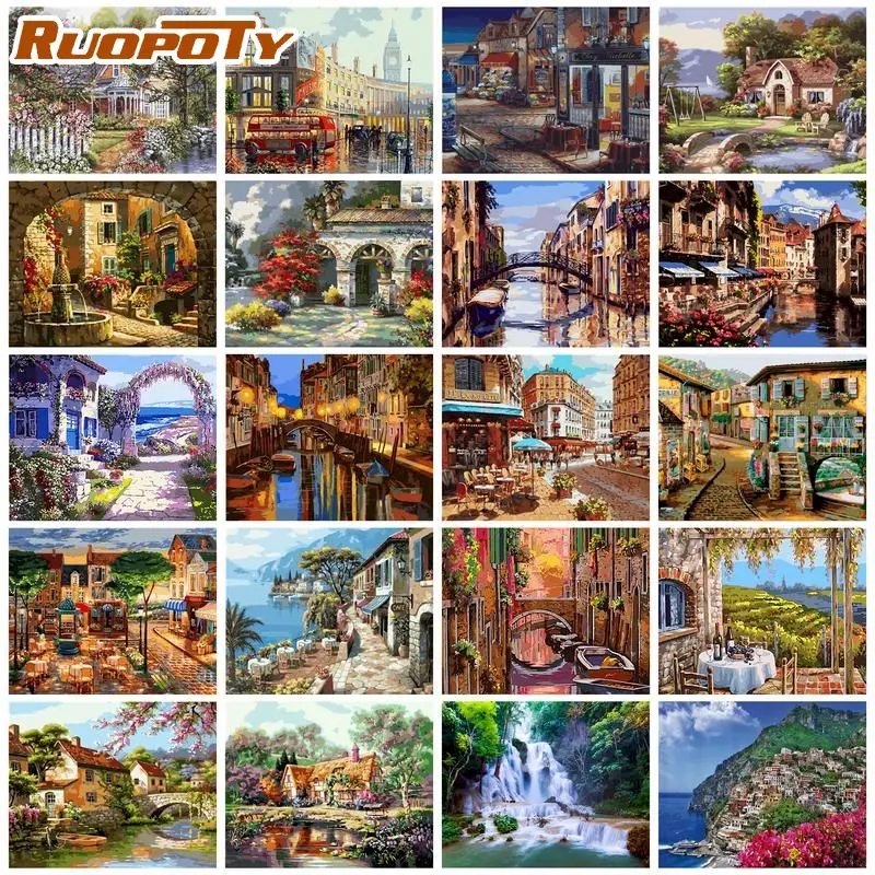 

RUOPOTY DIY Diamond Painting Full Square Round Diamond Embroidery Small Town Scenery Handicraft Home Decor Gift