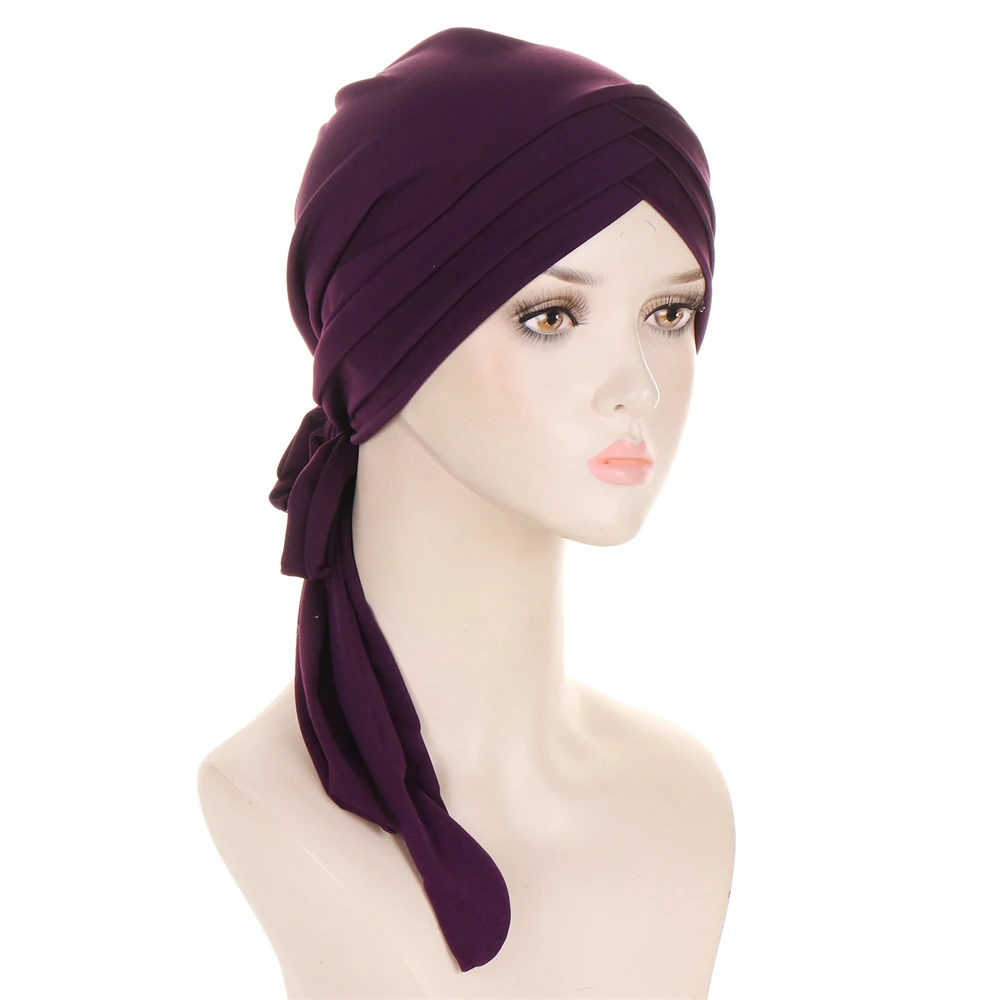 Women Stylish Pre-Tied Turban Chemo Cap Muslim Hijab Inner Cap Beanies Bonnet Long Tail Headscarf Hat Headwrap Caps Accessories