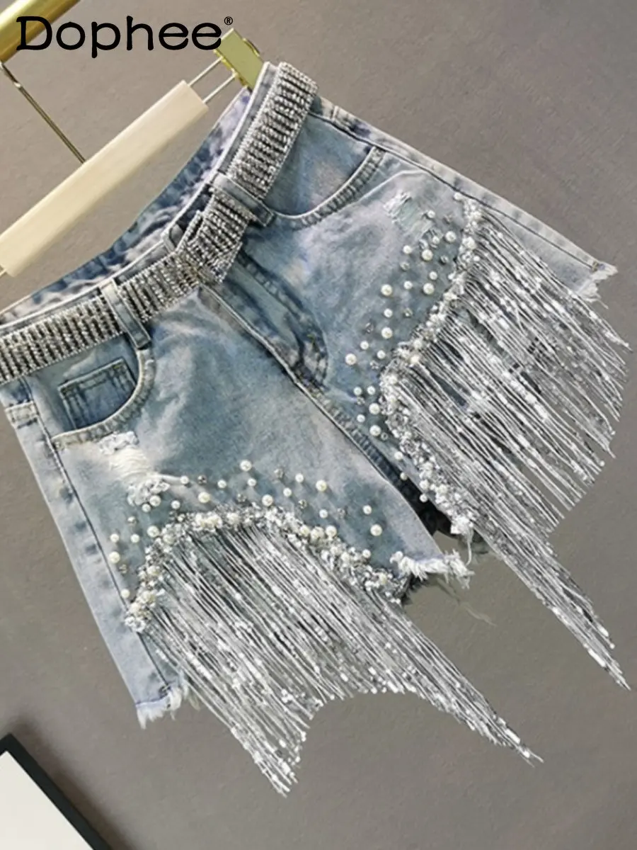 

Korean 2023 New Summer Jeans Shorts Women Fashion High Waist Heavy Industry Diamond Bead Tassel Wide Leg Denim Shorts Hot Pants
