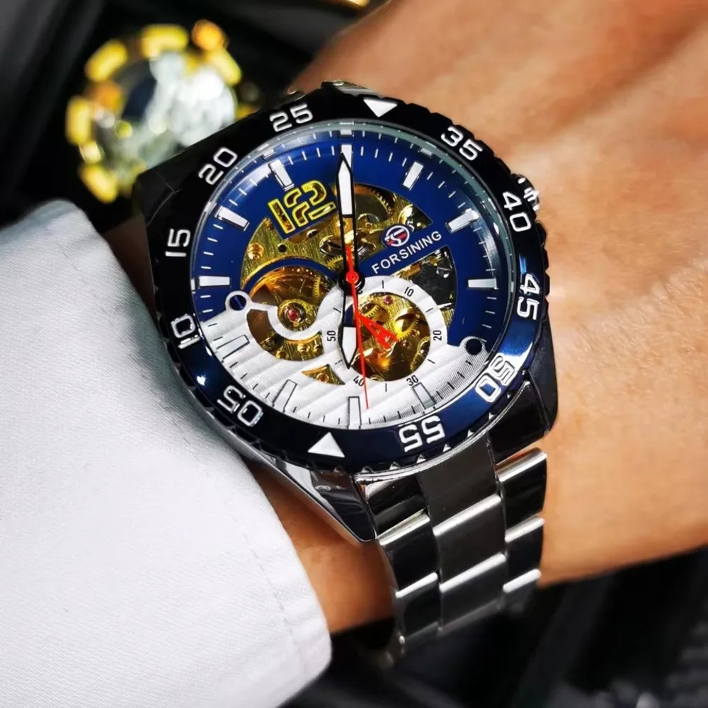 FORSINING Watch For Men Automatic Mechanical Watch Hollowed Out Luminous Waterproof Clock Stainless Steel Men Watch Montre Homme