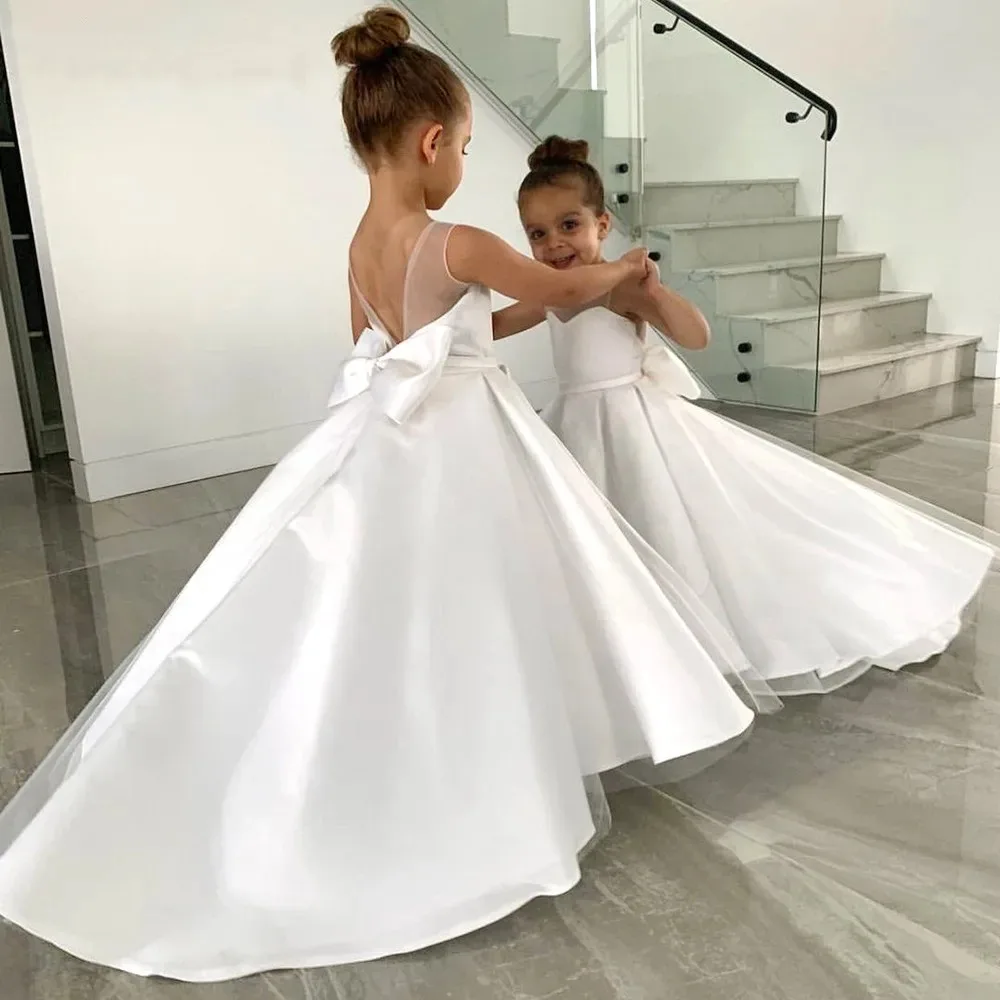 

Child Flower Girl Dresses for Weddings Satin A-line Tulle Bow Long Bridesmaid Pageant Robe First Communion Gown