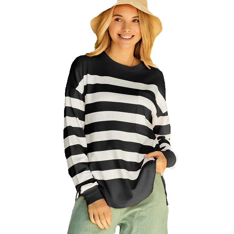 

Shi Ying Stripe Printed Pocket Long Sleeve Top Women's Round Neck Pullover Bottom 25117367