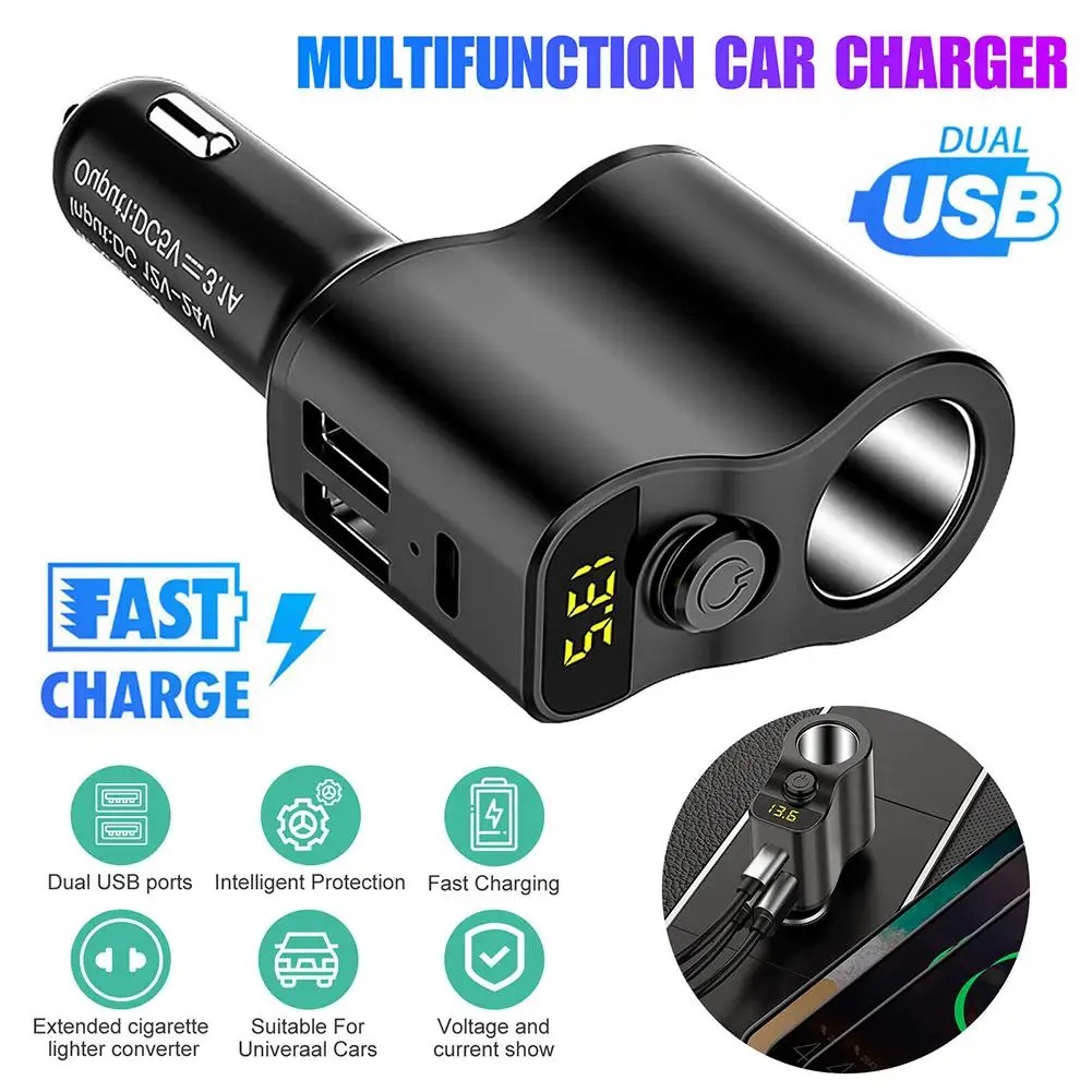 

Car Charger Extension Cigarette Lighter Adapter Socket Splitter 2 USB 1PD Ports Voltage Meter 12V/24V Automobile Outlet