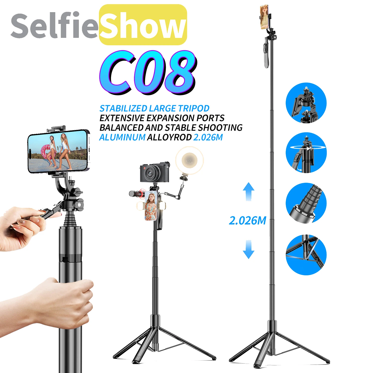 Phone Tripod Selfie Stick Selfieshow C08 2.02m Balanced Stable Shooting Expansion Cellphone Holder Stand Mobile Phone Stabilizer