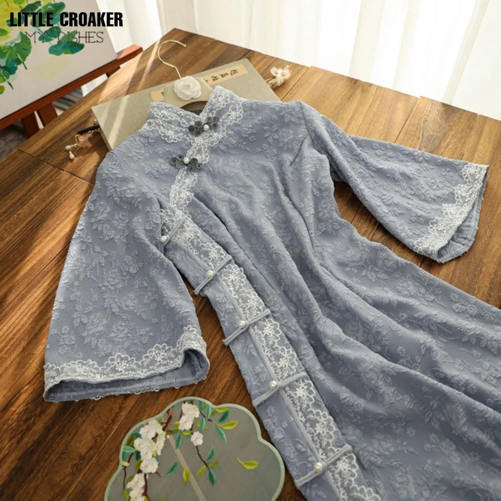 

Women Qipao 2023 Spring New Haze Blue Chinese Jacquard Qipao Women's Retro Cheongsam Style Inverted Sleeves Daily Wearable Dress