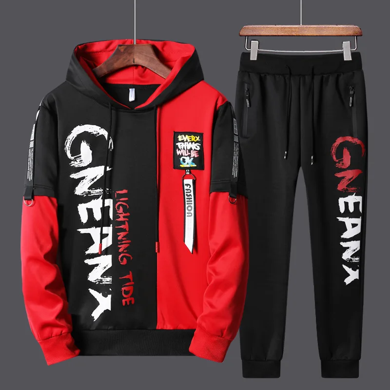 

2PCS Sweatshirt Pants Men Casual Long Sleeve Hooded Set Fashion New Tracksuit Student Sports Clothing Printed Hip Hop Streetwear