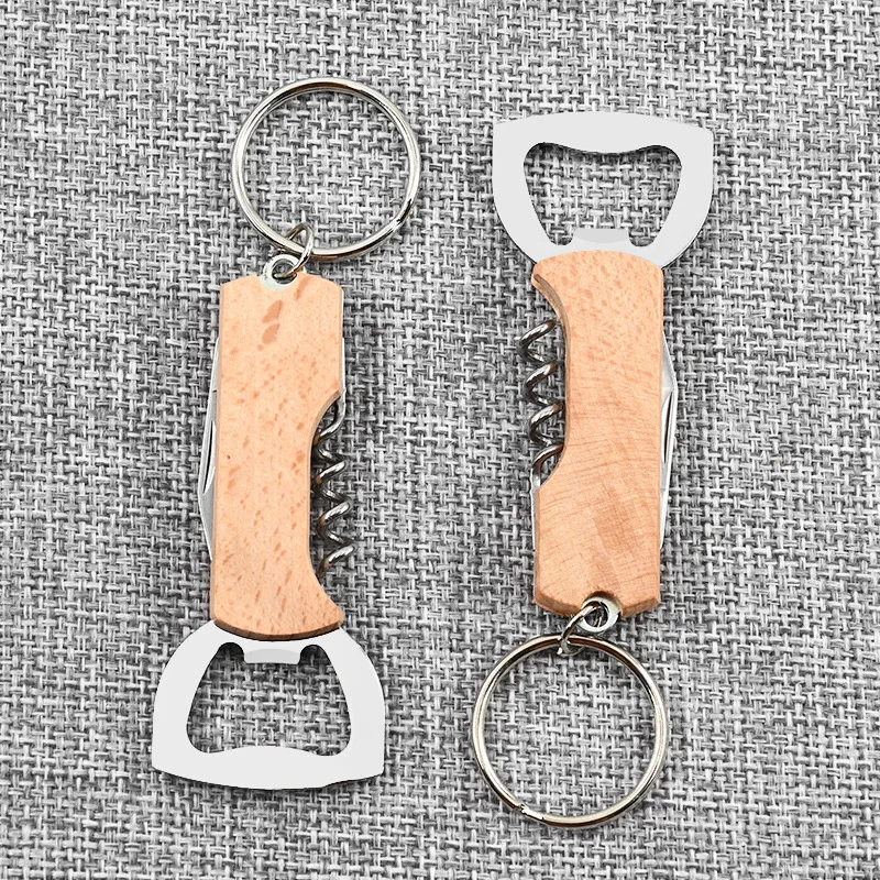 Can Opener Bottle Opener Multifunctional Tool Wine Opener Wine Corkscrew Portable Multi-Functional with Keychain Beech Wood Personalised Gift