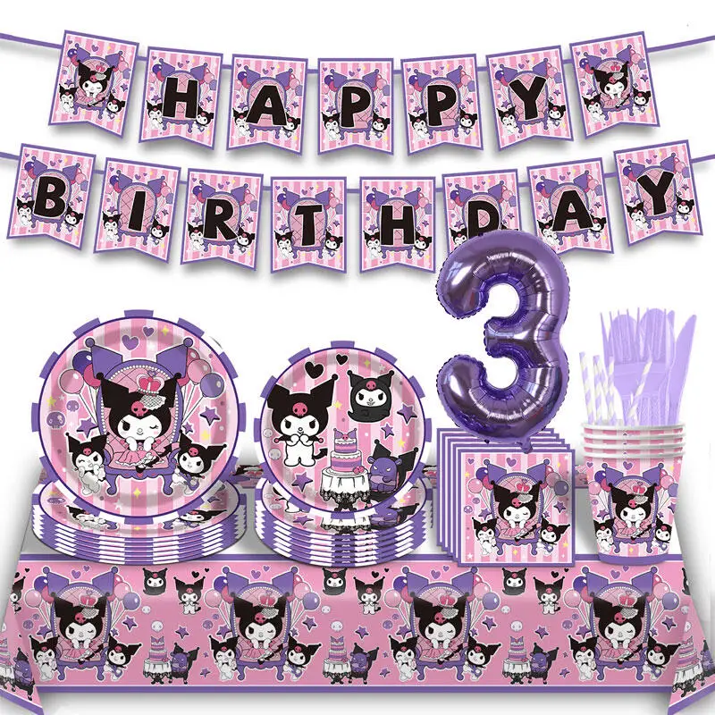 1set Sanrio Kuromi Party Decorations Disposable Tableware Birthday Party Supplies for Girl Kids Baby Shower Party Supplies