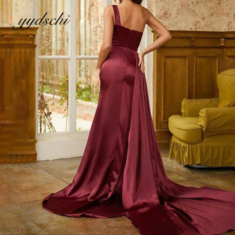 

High Split Formal Evening Dress Sexy One Shoulder Floor Length Court Train Sequine Beading Satin Prom Dresses for Women 2023