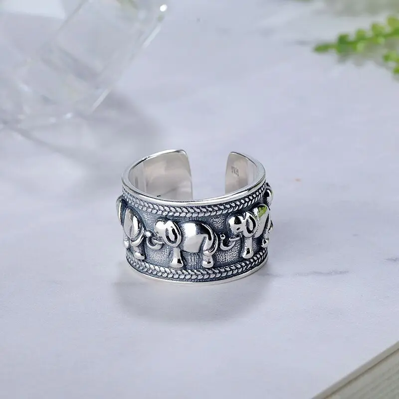 

PANJBJ 925 Sterling Silve Animal Elephant Ring for Women Girl Wide Retro Fashion Adjustable Jewelry Birthday Gift Dropshipping
