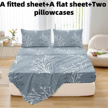 4pcs plant-based brushed Fitted sheet+ flat sheet pillowcase set skin friendly breathable Queen Size Flat bed sheet Pillowcases