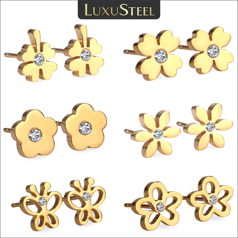 

LUXUSTEEL 6Pairs Earrings For Women Girls Stainless Steel Cubic Zirconia FLowers Stud Sets Fashion Jewelry Gift Box Package 2023