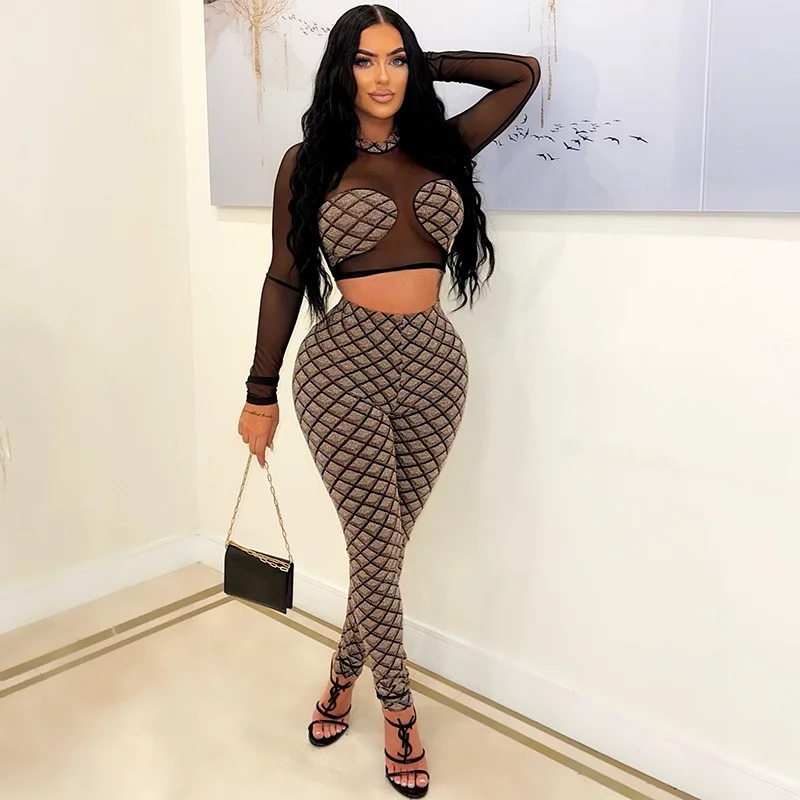 2022 Autumn Long Sleeve Print Mesh Patchwork Sexy See Through Crop Top Pants 2 Piece Set Women Vacation Club Y2K Outfit