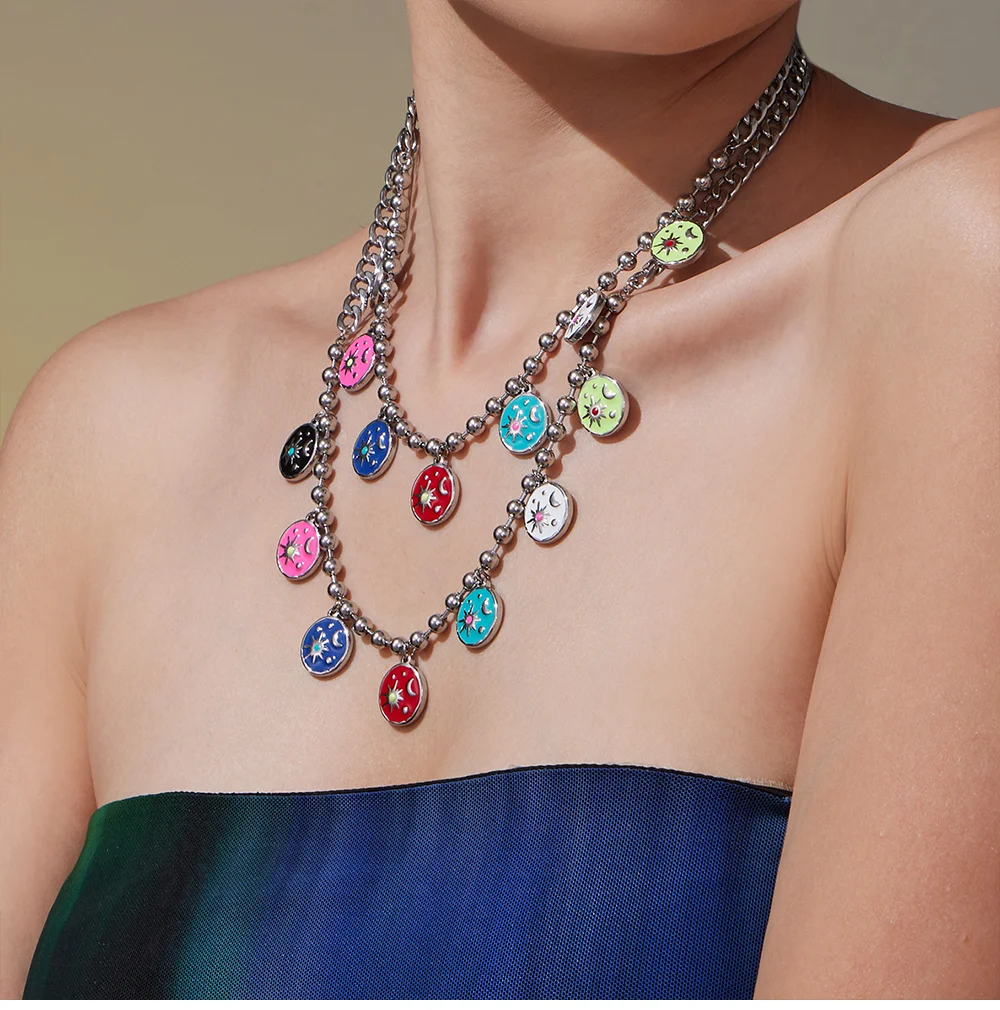 Edelstahl Perlen Kette Halskette Halsband Für Frauen Bunte Emaille Sterne Mond Anhänger Halskette Femme Wasserdicht Schmuck – Detail 4