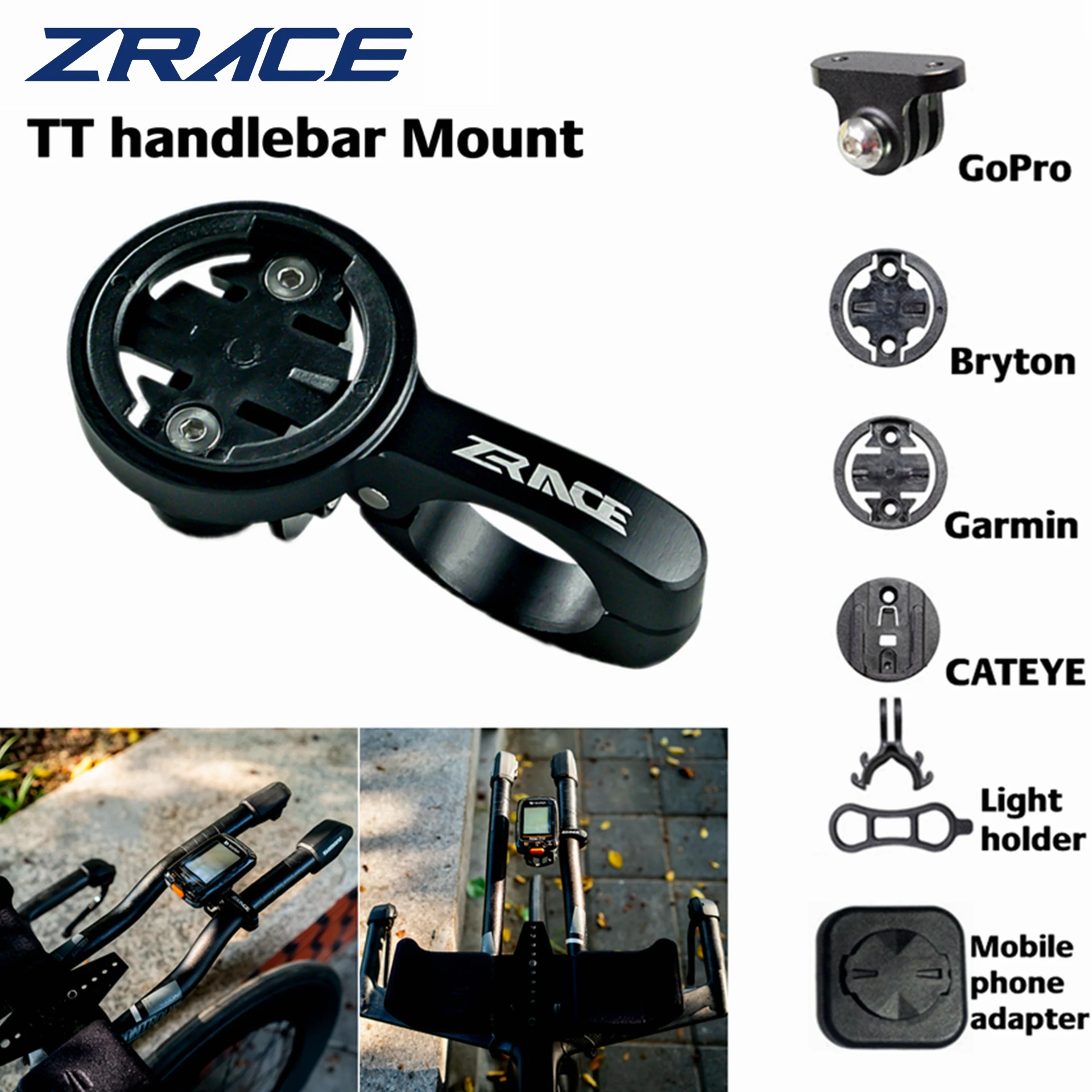 ZRACE TT 핸들바 컴퓨터 마운트 - iGPSPORT Garmin Bryton GoPro CATEYE 카메라용 블랙, 전면..