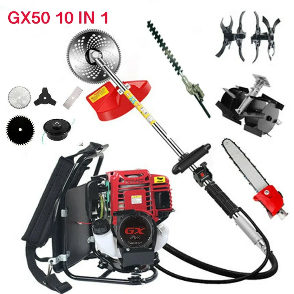

GX50 Backpack 10 in 1 Brush Cutter 4 Stroke Engine Petrol Strimmer Grass Cutter Tiller Cultivator Trimmer Tool